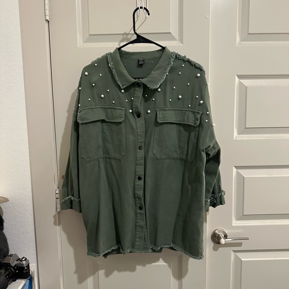 Green button up with pearls, never worn
